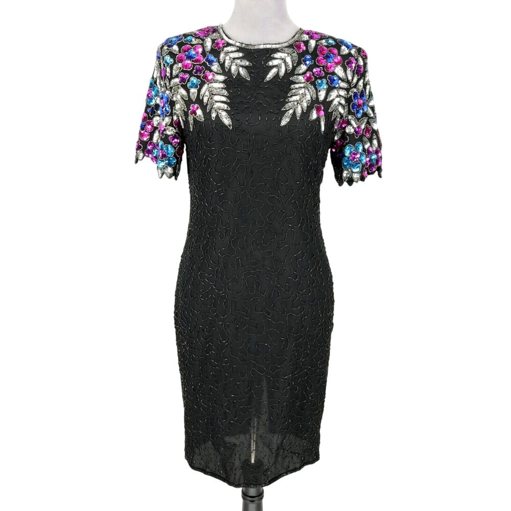 Stenay Dress Womens 4 Black Silk Sequins Lined Cocktail Formal 90s Vintage